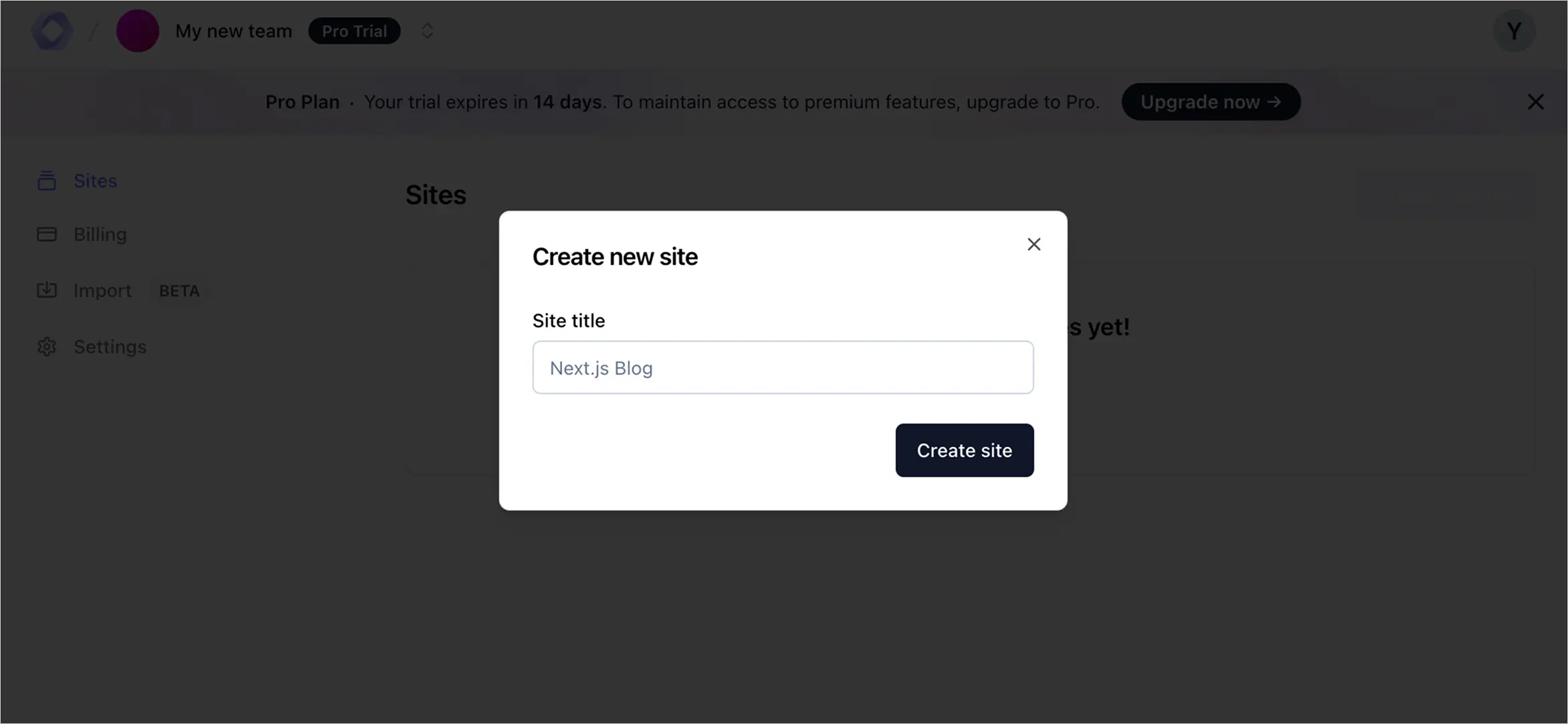 Create new site dialog