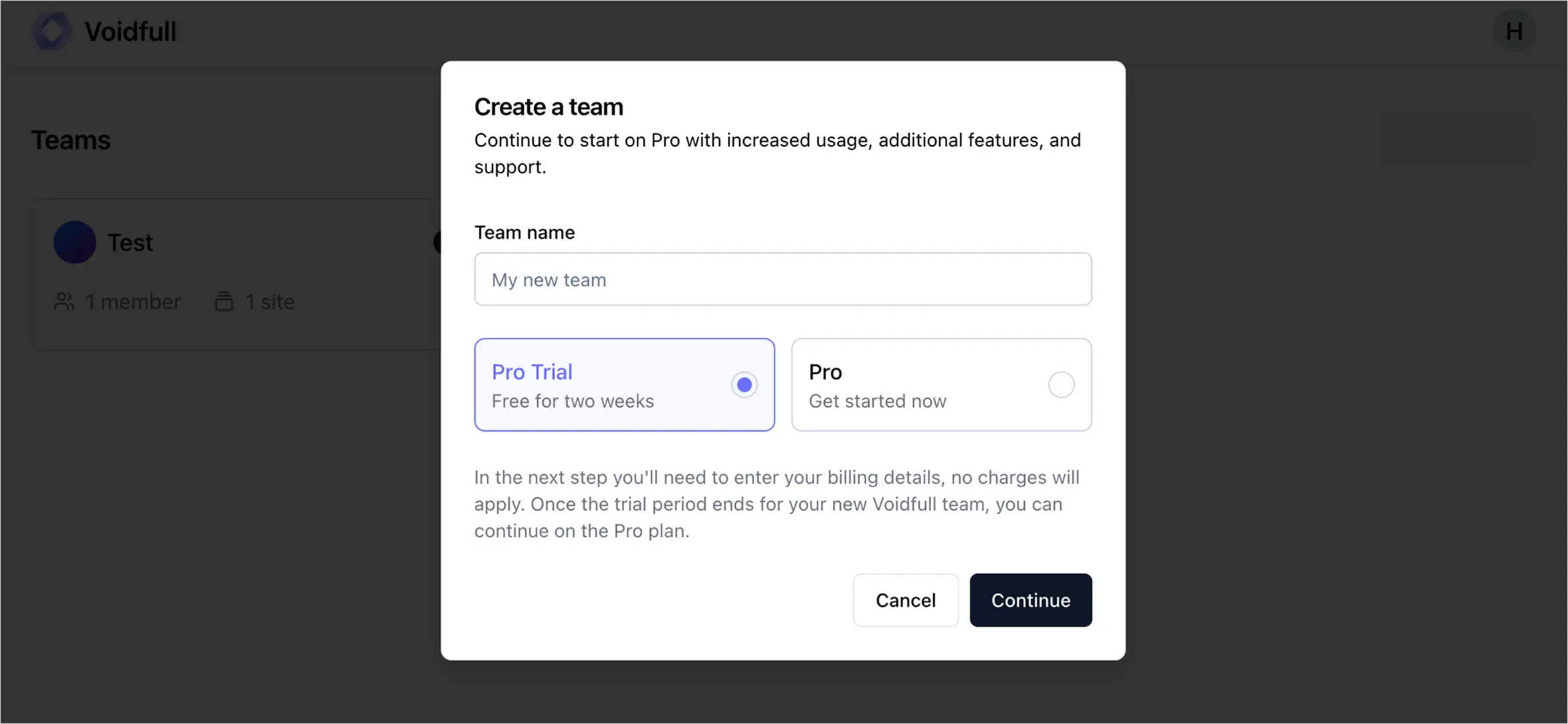 Create new team dialog